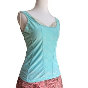 Rampage Y2K Womens Aqua Blue Floral Lace Trim Cami Tank Top Corset Style Medium